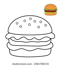 Doodle hand drawn hamburger, burger clipart vector. Burger coloring page printable. Trace and color burger worksheets. Cartoon burger vector.