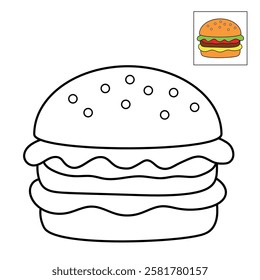 Doodle hand drawn hamburger, burger clipart vector. Burger coloring page printable. Trace and color burger worksheets. Cartoon burger vector.