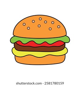 Doodle hand drawn hamburger, burger clipart vector. Burger coloring page printable. Trace and color burger worksheets. Cartoon burger vector.