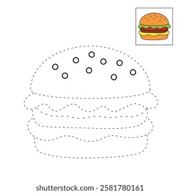 Doodle hand drawn hamburger, burger clipart vector. Burger coloring page printable. Trace and color burger worksheets. Cartoon burger vector.