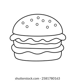 Doodle hand drawn hamburger, burger clipart vector. Burger coloring page printable. Trace and color burger worksheets. Cartoon burger vector.