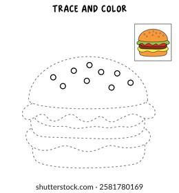 Doodle hand drawn hamburger, burger clipart vector. Burger coloring page printable. Trace and color burger worksheets. Cartoon burger vector.