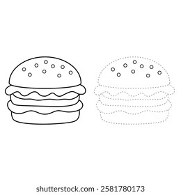 Doodle hand drawn hamburger, burger clipart vector. Burger coloring page printable. Trace and color burger worksheets. Cartoon burger vector.