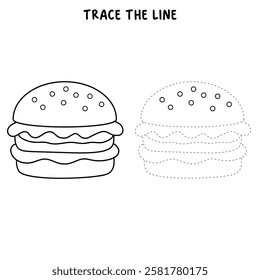 Doodle hand drawn hamburger, burger clipart vector. Burger coloring page printable. Trace and color burger worksheets. Cartoon burger vector.