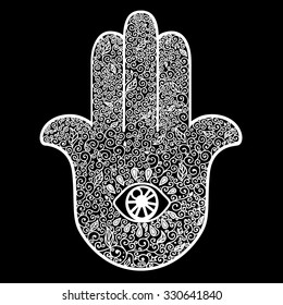 Doodle hand drawn Hamsa. Good luck amulet in Indian, Arabic Jewish cultures. Vintage style isolated vector illustration. Tattoo, boho, yoga, spirituality, textiles element.