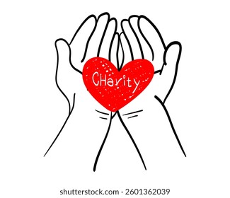 Doodle hand drawn of Hands holding a heart. Concept of charity and donation. Give and share your love to people. hands gesture on doodle style. vector illustration