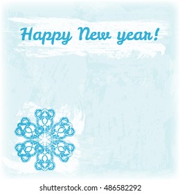 Doodle hand drawn Happy New Year illustration. Snowflake on the watercolor background.