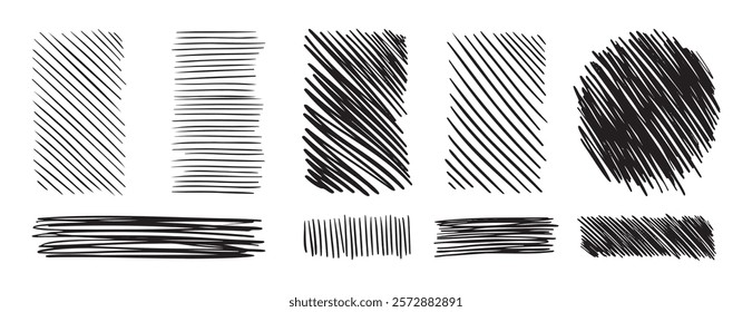 Doodle hand drawn hatching texture lines set. hatched strikethrough rectangle shapes. Diagonal, vertical, or parallel strokes. . Vector illustration