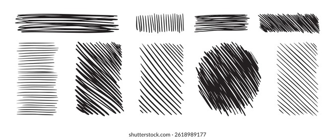Doodle handgezeichnete Schraffur Textur Linien gesetzt. schraffierte durchgestrichene Rechteck-Shapes. Diagonale, vertikale oder parallele Striche. . Vektorgrafik