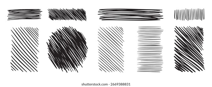 Doodle hand drawn hatching texture lines set. hatched strikethrough rectangle shapes. Diagonal, vertical, or parallel strokes. . Vector illustration