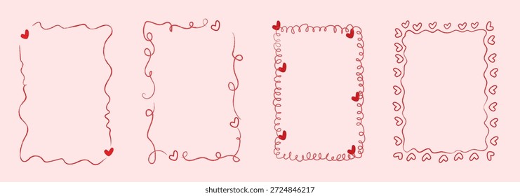 Doodle dibujado a mano marcos de corazón con líneas onduladas y bordes juguetones. Coqueta retro vintage conjunto para el día de San Valentín, invitación de boda, tarjeta de cumpleaños, impresiones. Ilustración vectorial aislada en el fondo
