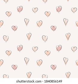 Doodle, hand drawn heart shapes seamless repeat vector pattern. Elegant, soft pastel colors Valentine's day background. Linear hearts, line drawings with trendy fluid, liquid, organic decoration.