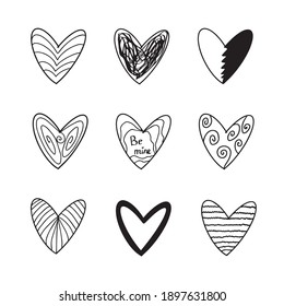 Doodle hand drawn hearts swirl linear . Vector black and white 14 February valentines love card for print set of 9 elements.