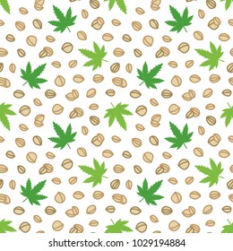 Doodle, hand drawn hemp seeds and leaves, trendy superfood seamless pattern background.
