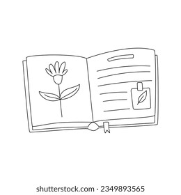 Herbario dibujado a mano con una flor, pegatina y marcador. Enciclopedia, libro abierto con ilustración botánica. Elemento decorativo del vector de contorno negro y blanco aislado en un fondo blanco