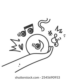 doodle hand drawn hand holding bubble talk with musical note illustration