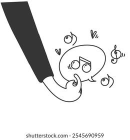 doodle hand drawn hand holding bubble talk with musical note illustration