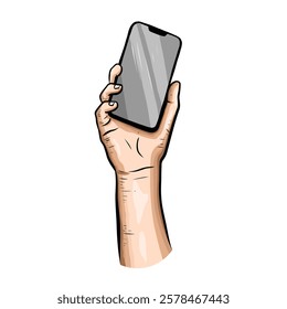 doodle Hand drawn hand holding cellphone on white background. Vintage style hand holding phone taking photos for print t-shirt, package, web page, photography concept, education or journalism concept