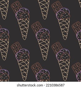 Doodle hand drawn ice cream vector seamless pattern. Sweet pastel desert. Lovely background for ice cream shop or candy store. Girly cute wallpaper. Print for textile, fabric and wrapping paper