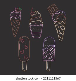 Doodle hand drawn ice cream vector isolated illustration. Sweet pastel desert. Lovely icons for ice cream shop or candy store. Girly cute stickers. Chalk board.