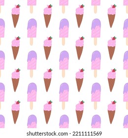 Doodle hand drawn ice cream vector seamless pattern. Sweet pastel desert. Lovely background for ice cream shop or candy store. Girly cute wallpaper. Print for textile, fabric and wrapping paper