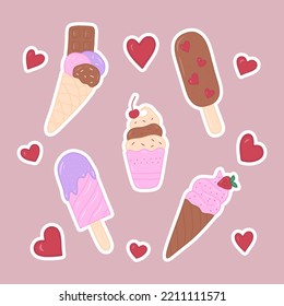 Doodle hand drawn ice cream vector isolated illustration. Sweet pastel desert. Lovely icons for ice cream shop or candy store. Girly cute stickers.