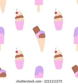Doodle hand drawn ice cream vector seamless pattern. Sweet pastel desert. Lovely background for ice cream shop or candy store. Girly cute wallpaper. Print for textile, fabric and wrapping paper