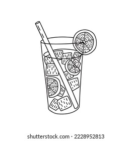 Doodle hand drawn ice lemon tea in glass illustration