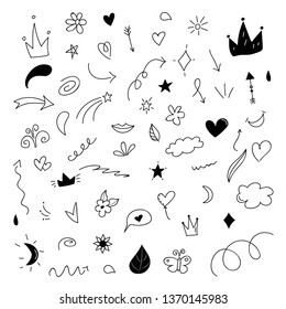 Doodle hand drawn icon set. Cartoon collection of curly swishes, swashes, swoops, hearts, flowers, graffiti crown. Vector design elements for invitation and greeting card.