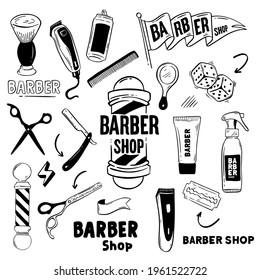Doodle handgezeichnet Symbol Satz von Barbier, Friseur. Skizze, Vektorgrafik.