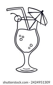 Doodle hand drawn icon of tropical cocktail with a straw, cherry, bubbles and an umbrella in a transparent glass. Modern concept for menus, banners, flyers of cafes, bars, restaurants
