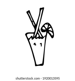 Doodle hand drawn illustration, cocktail glass with slice of lime, tubules, for travel, trip, vacation, isolated on the white background