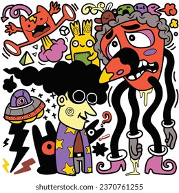 Doodle, hand drawn illustration of colorful cartoon characters, in the style of psychedelic absurdism, bold outlines
