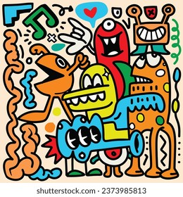 Doodle, hand drawn illustration of colorful cartoon characters, in the style of psychedelic absurdism, bold outlines