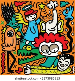 Doodle, ilustración a mano de coloridos personajes de caricatura, en el estilo del absurdismo psicodélico, contornos en negrita