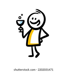 Doodle hand drawn illustration of drunk character with wineglass in his hand. Vector line art illustration isolated on white background.