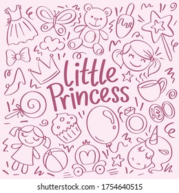 Doodle hand drawn illustration for fairy little ladies with dress, doll, magic wand, butterfly, ring, balloon and unicorn. Pattern for real princess