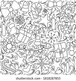 Doodle hand drawn illustration with gift, socks, wreath, stars, candles, trees and candy for card and web design