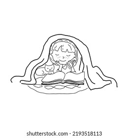 Doodle Hand Drawn Illustration. Girl Readind The Book With The Cat Under The Blanket. Sketch Collection.