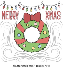 Doodle hand drawn illustration with lights and wreath for card and web design