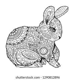 Doodle hand drawn illustration. The rabbit, hare with patterns. Can be used as coloring page, holiday card, print. 