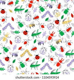 Doodle Hand Drawn Insect Seamless Background. Vector Illustration.