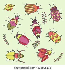 Doodle hand drawn insects in fresh spring colors