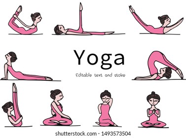 Doodle hand drawn isolated vector is in the concept of yoga for health. The illustration shows a young woman or female cartoon wearing a pink yoga dress and posing meditation or flexible arsana set.