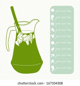 Doodle hand drawn jug of fresh home made lemonade on polka dot background. Vector illustration for restaurant or cafe menu.