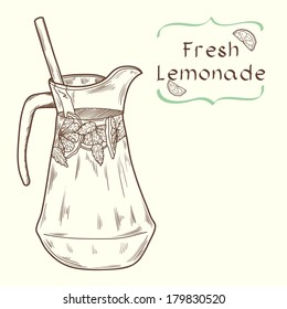 Doodle hand drawn jug of fresh home made lemonade on light background. Vector illustration for restaurant or cafe menu.