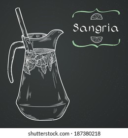 Doodle hand drawn jug of fresh home made sangria on chalkboard background. Vector illustration for restaurant or cafe menu.