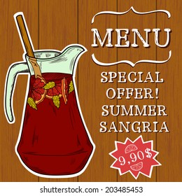 Doodle hand drawn jug of fresh home made sangria on turquoise wooden background. Cover, brochure or advertising template for restaurant or cafe menu.