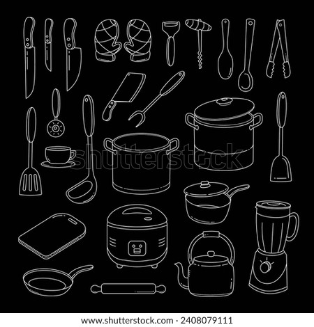 Doodle hand drawn kitchen utencils. Set of kitchenware sketch. Vintage doodles for design restaurant menus and decorating vector illustration