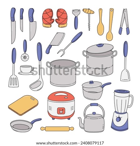 Doodle hand drawn kitchen utencils. Set of kitchenware sketch. Vintage doodles for design restaurant menus and decorating vector illustration